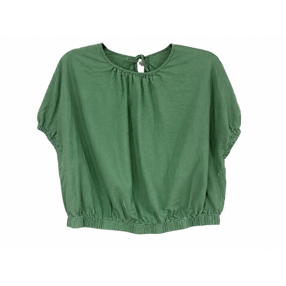 Womens Sage Green Puff Sleeve Crop Blouse Tie Back Coastal Boho Cottagecore S/M